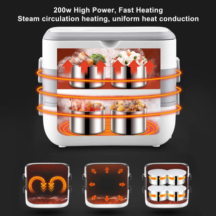 Electric Lunch Box 200W Rapid Heating Auto Shut Off Portable Food Heater with 4 Stainless Steel Containers for Work Travel