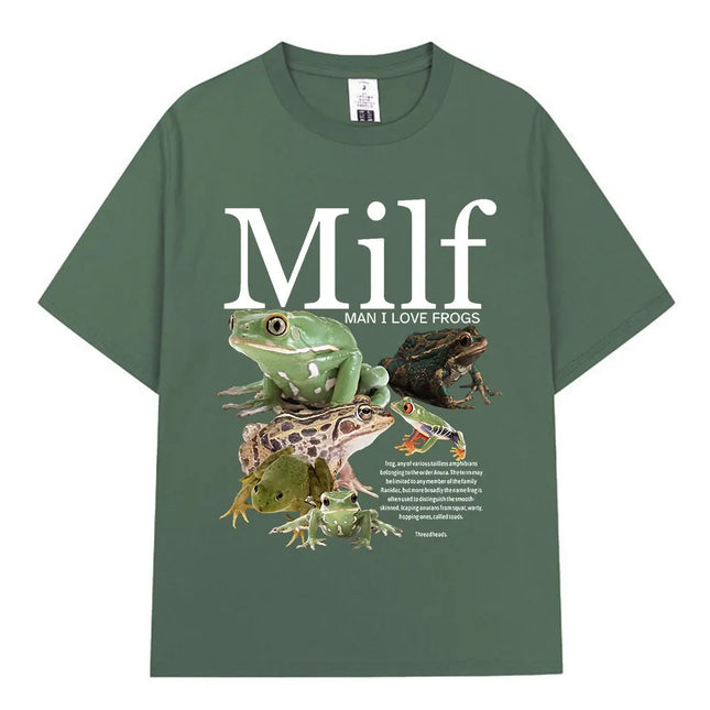 MILF Man I Love Frogs T Shirt Funny Frog Amphibian Lovers Vintage T-shirts Men Cotton Oversized Short Sleeve T-shirt Streetwear