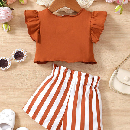 0-2 Year Old Baby Girl Summer Fashion Love Collar Ruffled Short Sleeved And Striped Shorts Two-piece Set