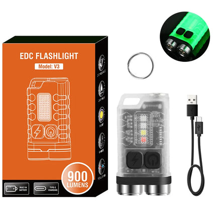 V3 EDC Flashlight Mini Keychain 900LM Super Bright Multifunctional LED Torch USB Rechargeable Waterproof Camping Lantern