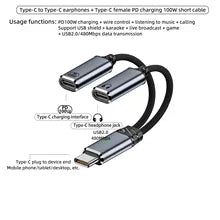 Dual USB C Headphone & Charger Adapter Splitter Fast Charging 2-in-1 Type C to USB-C Audio Adapter