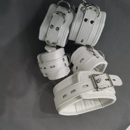 PU Leather Soft Padded White Handcuffs Ankle Cuffs Wrist Bondage Restraints Neck Collar BDSM Bondage Slave Erotic Adult Sex Toys
