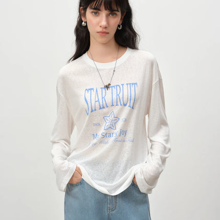 ZIQIAO Loose-fitting Linen Letter Printed T-shirt for Women Solid Long Sleeve Sheer Simple Trendy Casual Spring 2026 New Arrival