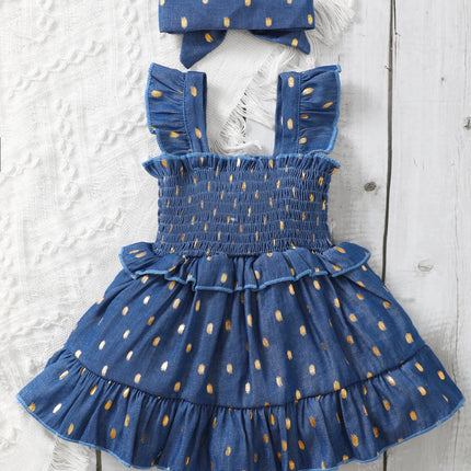 3-24Months Infant Baby Girl Golden Dot Slip Blue Dress Toddler Girl Summer Fashion Party Princess Dresses with Headband 2Pcs Set