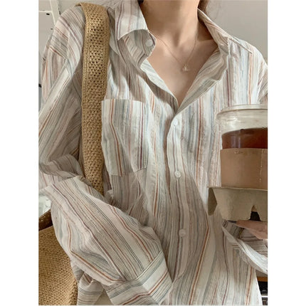 Women's laid-back retro pinstriped shirt, loose long-sleeved short-sleeved cardigan, sun-protective coat