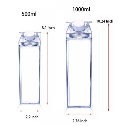 2pcs Milk Carton Water Bottle Transparent Plastic Square Milk Orange Juice Tea Container Box Sport Cup for Sports Travel Camping
