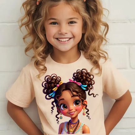 Girls' Summer Crew-Neck Short-Sleeved Top New Black Girls Cute Top Girls Clothes Cartoon Print T-Shirt Top Children's Clothing