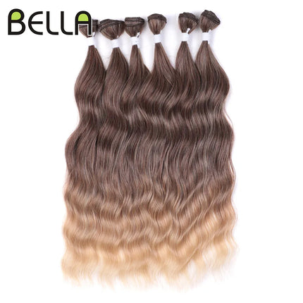 FASHION IDOL Water Wave Hair Bundles Synthetic Hair Extensions Ombre Blonde Brown Cosplay Weave Hair Bundles 20 inch 6Pcs Hair