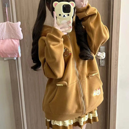 Original Japanese Style Soft Girl Hooded Rilakkuma Jacket for Women Cute Versatile Fleece Lined Thickened Sweatshirt