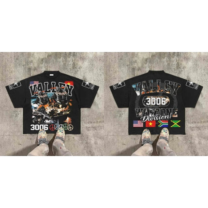 American Hip Hop Retro Theater Valley Division Harajuku Gothic War Print Summer New Retro Fashion Men and Women Streetwear