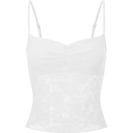 Women's Summer Lace Cami Tops Sleeveless Ruched Front Solid Color Camisole Slim Fit Tank Tops