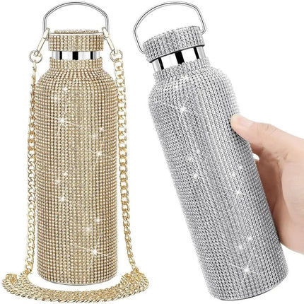 Thermal Rhinestone Water Bottle Stainless Steel Chain Bling Cups Removable Carrying Strap Refillable Glitter Tumbler Travel