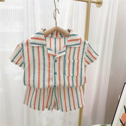 Summer Toddler Siblings Attire Turn Down Collar Top Striped Shorts Infant Boy Suit Loose Sleeveless Retro Dress Baby Girl Outfit