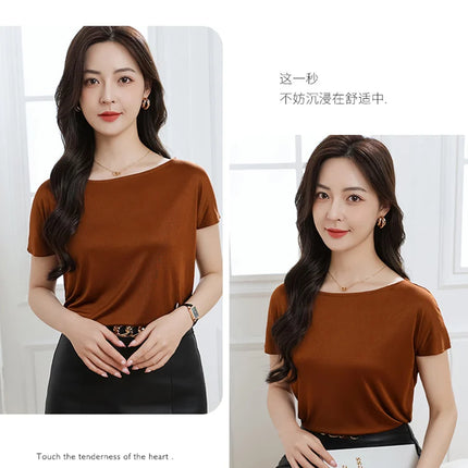 Summer women's short sleeved acetate fabric high-end knitted women's T-shirt thin European style hot selling women's T-shirt