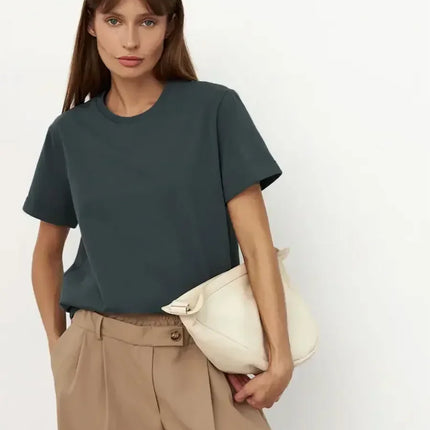 Bornladies Summer 100% Cotton Women's T-shirt Bottoming Basic Fashionable Solid Lady Short Sleeve Loose Tops Shirts 230g/㎡ Tops