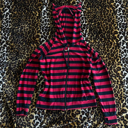 Y2K Striped Zip Up Hoodies Sweatshirts for Women E-girl Gothic Emo Mall Goth Sweatshirts 2000s Retro Harajuku Jackets Streetwear