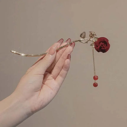 Rose Flower Hair Stick Tassel Hairpin Chinese Wedding Accessories Hairpin Hair Stick Female Hair Ornament Styling Tools