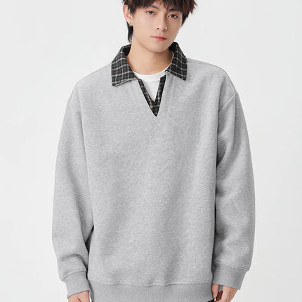 Retro Plaid Polo Neck Sweatshirt for Men and Women Heavyweight Cotton Soft Fake Two-Piece V-Neck Long Sleeve