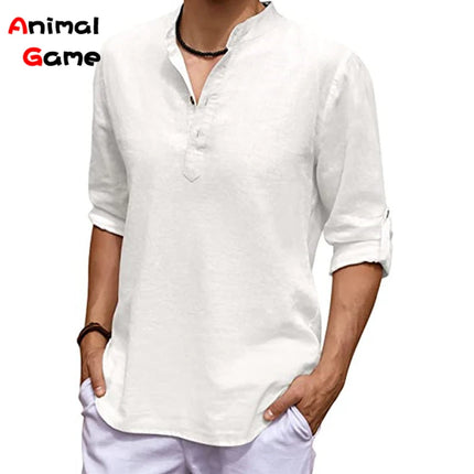 New Men's Linen Long Sleeve V-neck T Shirt Solid Color Oversize Casual Shirt Cotton Shirt Plus Size Yoga Button Shirts for Men