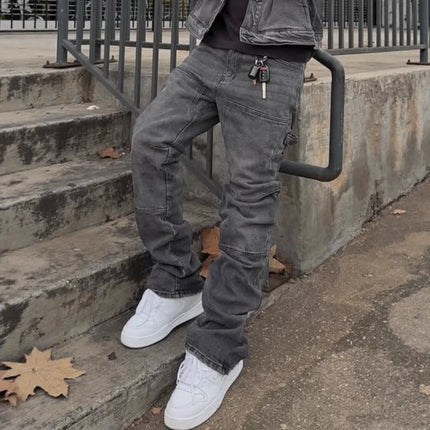 Bootcut Jeans Denim Pant Men Vintage Washed Distressed High Waist Cargo Trousers Y2k Streetwear Work Casual Spliced summer 2026