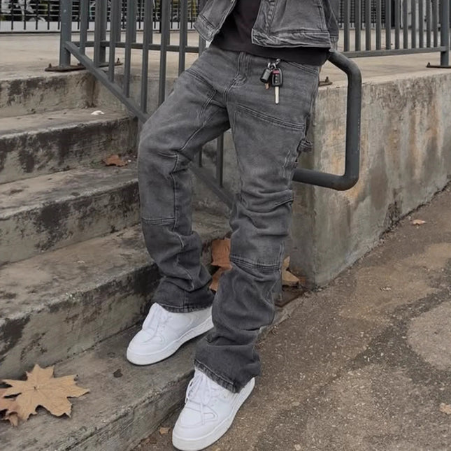 Bootcut Jeans Denim Pant Men Vintage Washed Distressed High Waist Cargo Trousers Y2k Streetwear Work Casual Spliced summer 2026