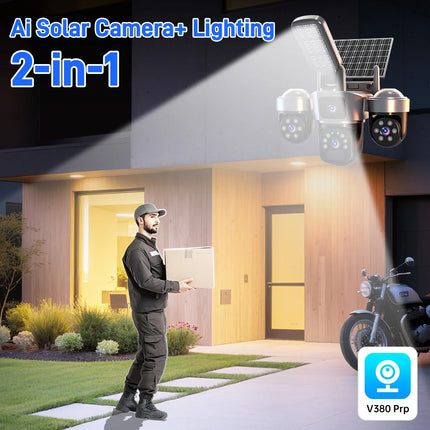 V380 8K 15MP WiFi Solar Camera With Solar Lighting 3-Screen Security Protection Wireless WiFi Solar Outdoor Surveillance