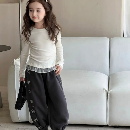 Girls Lace T-shirt 2024 Autumn New Slim Fit Girl Top Children Stylish Versatile High Elasticity Knitted Sweater