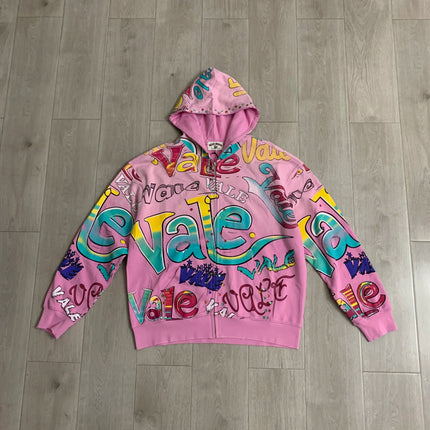 Streetwear Shinning Diamond Zipper Terry Hooded Hoodie for Men Oversized Graffiti Flame Cardigan Rhinestone Sweatshirt Jacket