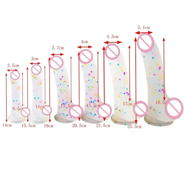 Confetti Dildo Realistic Clear Silicone Dildo, with Strong Suction Cup for Hands-Free Play, Realistic Penis for Women and Couple