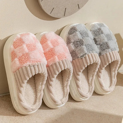 Fashion Couple Winter Toe Wrap Warm Plaid Plush Slippers Men Women Thick Soft Sole Slides Indoor Floor Flat Home Non-slip Shoes