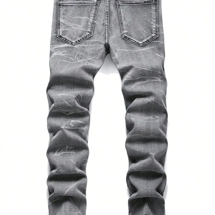 Men‘s Stretchy Denim Jeans Streetwear Tearing Patchwork Holes Ripped Denim Elastic Waist Casual Pants Slim fit Straight Trousers
