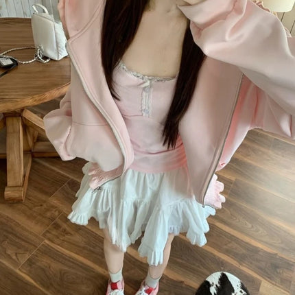 2026 Y2k Aesthetic Pink Ruffled Hoodies Women Casual Loose Harajuku Zipper Sweatshirt Spring Sweet Cute Grunge Hoody Jackets