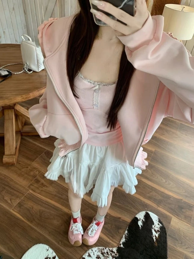 2026 Y2k Aesthetic Pink Ruffled Hoodies Women Casual Loose Harajuku Zipper Sweatshirt Spring Sweet Cute Grunge Hoody Jackets