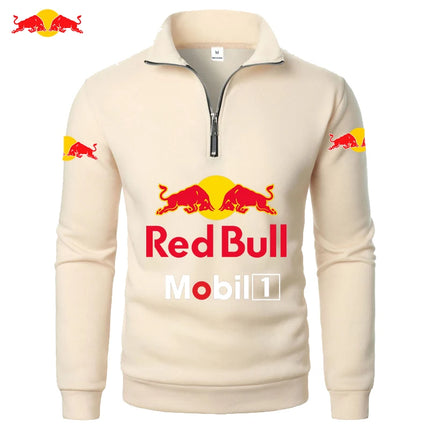 Red Bull Men's Sports Zipper Stand Collar Hoodie Youth Sweatshirt Solid Color Fashion Half-Zip Pullover Basic Warm Sportswear