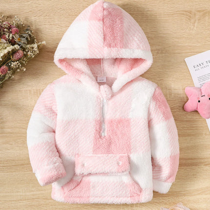 Little Girl Long Sleeved Hooded Sweater Cute Pink Plaid Jacket Plush Plush Thickened Fashion Clothes for Children Girl 2-8 Years