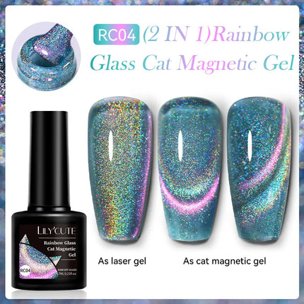 LILY’CUTE 7ml Ultra Shine Cat Eye Nail Polish Rainbow Laser Dual Beam Crystal Nail Gel Varnishes Soak Off Semi Permanent UV Gel