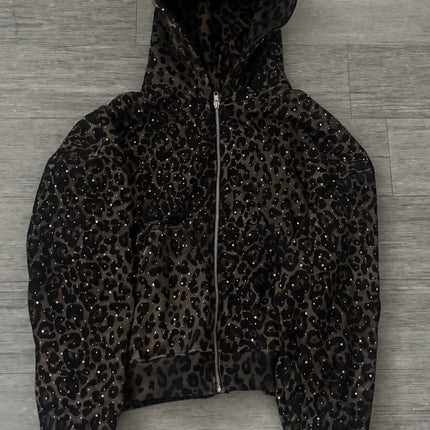 Retro Sweet & Edgy Bling Leopard Print Hoodie Wide Leg Trousers Set Women Y2K Loose Fit Tracksuit 2026