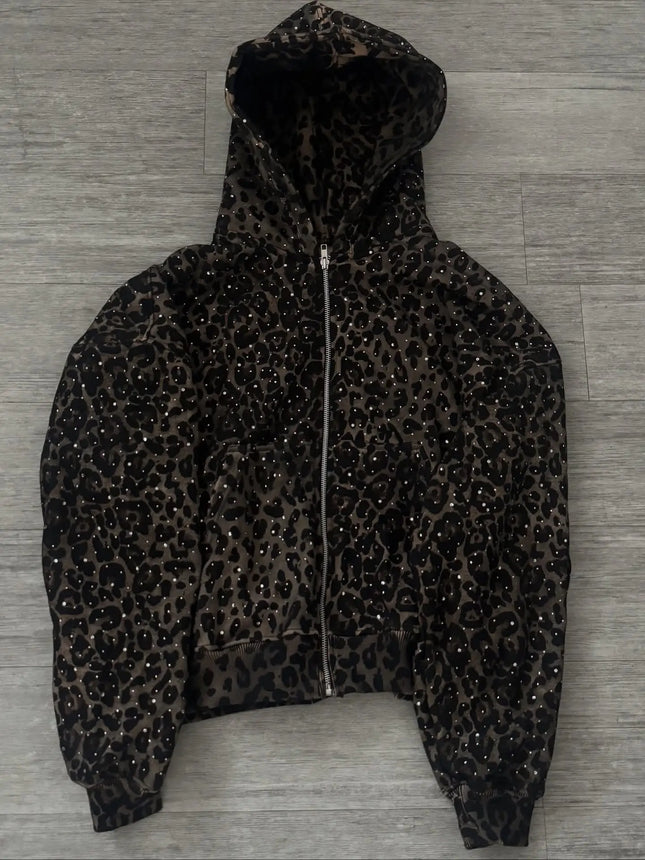 Retro Sweet & Edgy Bling Leopard Print Hoodie Wide Leg Trousers Set Women Y2K Loose Fit Tracksuit 2026