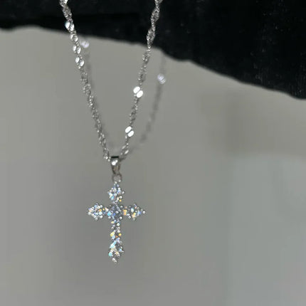 Silver Color Zircon Cross Pendant Necklace for Women Shiny Rhinestone Collar Necklaces 2025 Trend Christmas Jewelry