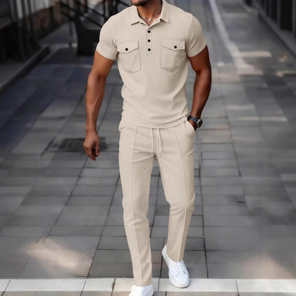 Men's Waffle Knit 2 Piece Set Double Pocket Polo Shirt & Slim Fit Pants Casual Tracksuit