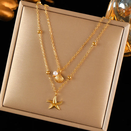 EILIECK 316L Stainless Steel Pearl Shell Starfish Sun Charm Necklace For Women Ocean Style Gold Plated Handmade Holiday Jewelry