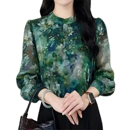 Elegant Silk Shirt Women Long Sleeve Autumn Winter New Style Fashion Floral Print Slimming Top Button Down Cotton Polyester