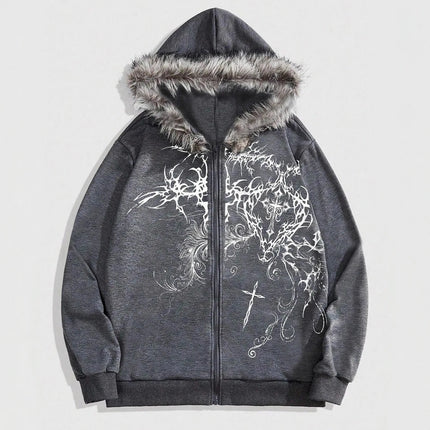 2026 New Women's Winter Fleece Collar Zip Up Hoodie Cross Print Gothic Hip Hop Loose Fit Long Sleeve Sweatshirt