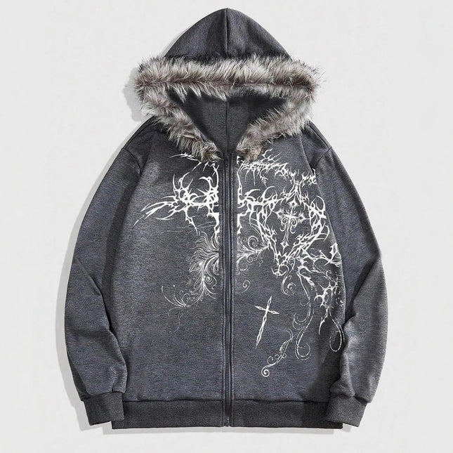 2026 New Women's Winter Fleece Collar Zip Up Hoodie Cross Print Gothic Hip Hop Loose Fit Long Sleeve Sweatshirt