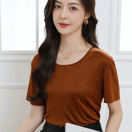 Summer High-End Women's Short Sleeve T-Shirt Acetate Fabric Knitted European Style Thin Hot Selling Top for Ladies