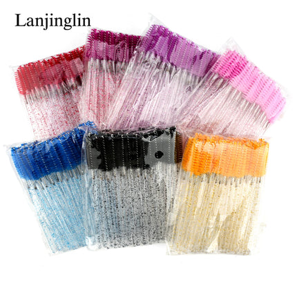 Lanjinglin 50/100Pcs Makeup Eyelash Brushes Crystal Eyebrow brush Diamond Handle Mascara Wand Applicator Lashes Extension Tools