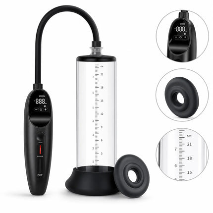 Electric Male Vacuum Pump with Clear Measuring Cylinder Digital Display Black Hose and Man Masturbation Trainer Sex Toy