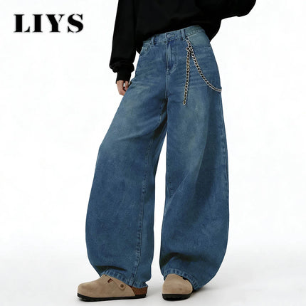 LIYS American Retro Baggy Wide Leg Jeans Men's Streetwear Distressed Y2K Clothing Casual Daily Four Seasons Denim Pants Unisex
