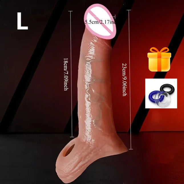 Reusable Realistic Soft Penis Silicone Condom Enlargement Cock Sleeve Extender Dildo Ring to Lock the Sperm Adult Men Sex Toys