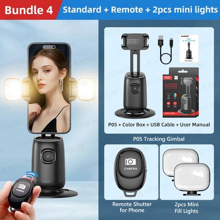 AI Auto-Tracking Phone Gimbal 360° Rotating Face Tracking Stabilizer Portable Desktop Holder for Live Streaming & Photo Shooting
